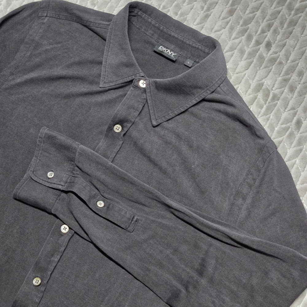 DKNY Mens‎ Silk Wool Button Up Shirt Black Long Sleeve Size Large
